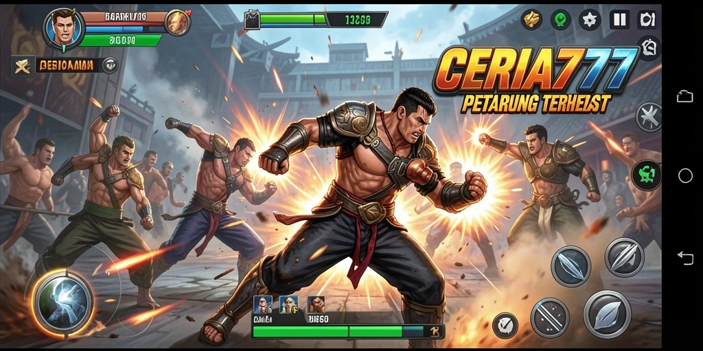 Tangkapan layar CERIA777 menampilkan karakter sedang bertarung di arena yang menegangkan.