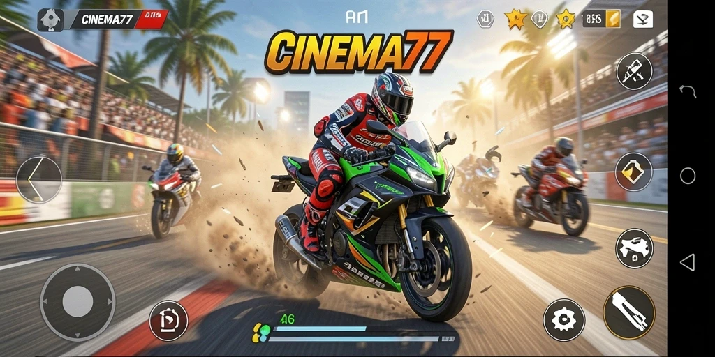 Screenshot utama CINEMA77 menampilkan momen seru balapan motor.