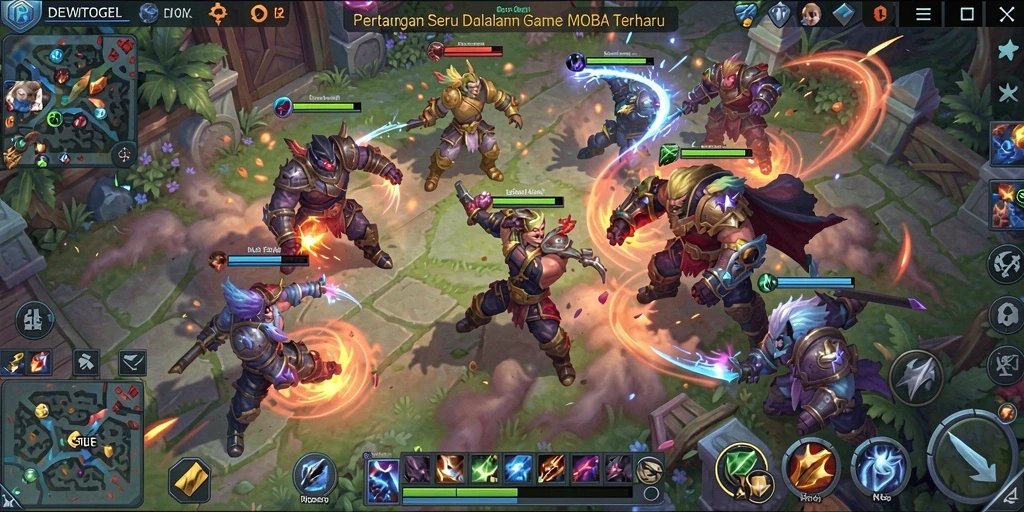 Screenshot gameplay DEWITOGEL menampilkan aksi pertarungan MOBA yang mendebarkan.