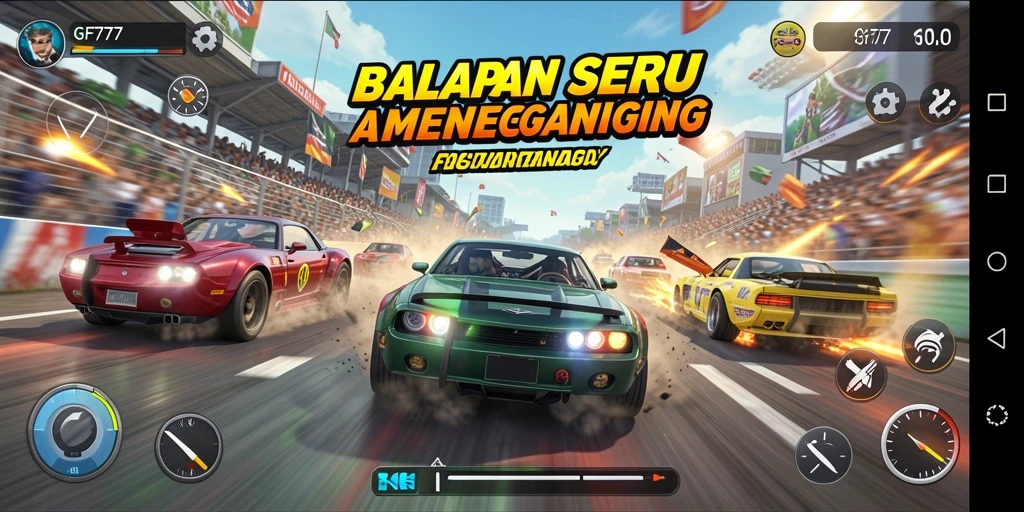 Screenshot gameplay GF777 menampilkan aksi balapan yang mendebarkan.