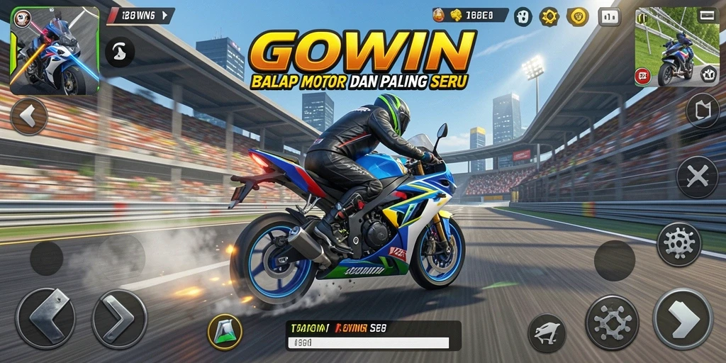Tampilan menarik dari gameplay GOWIN yang penuh aksi balapan motor.
