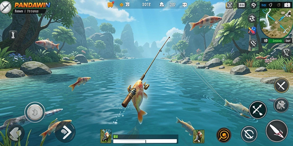 Tampilan gameplay menarik dari PANDAWIN saat menangkap ikan di danau.