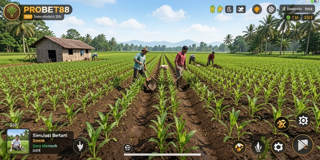 Screenshot utama PROBET88 menampilkan aktivitas bertani yang menyenangkan.
