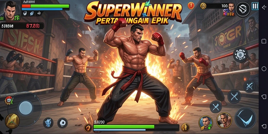 Tampilan gameplay SUPERWINNER yang intens dan seru dalam pertarungan.